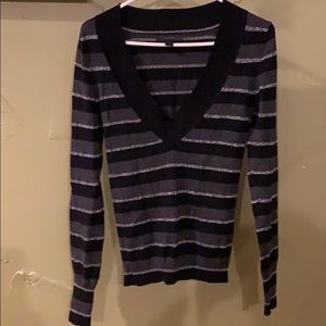 Black grey with thin silver stripe v neck sweater